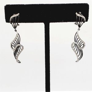 14k Solid White / Black Gold Genuine Round Diamond Swirl Omega Back Earrings